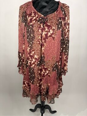 LC Lauren Conrad Mauve and Brown Floral Long-Sleeve Peasant Dress missing belt